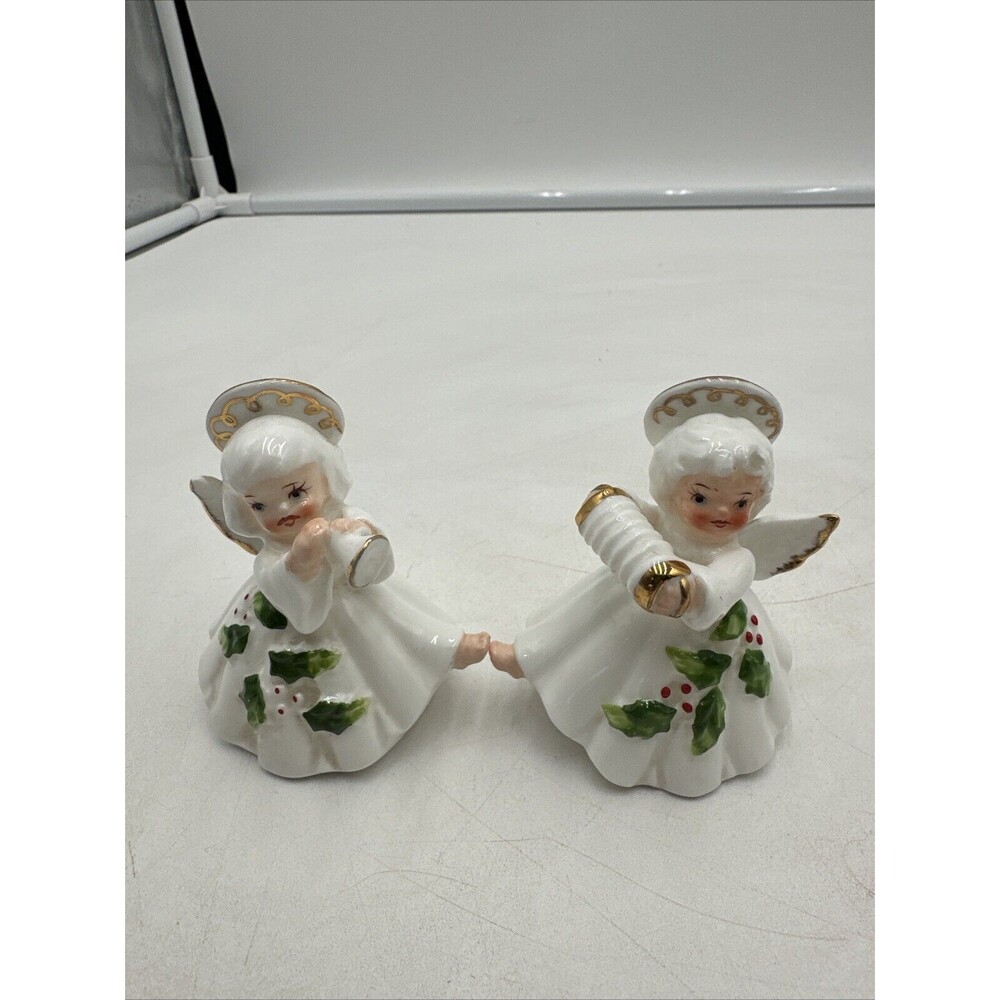 Vintage Bone China 3" Christmas Angel with Guitar Figure Georgian Holly Halo